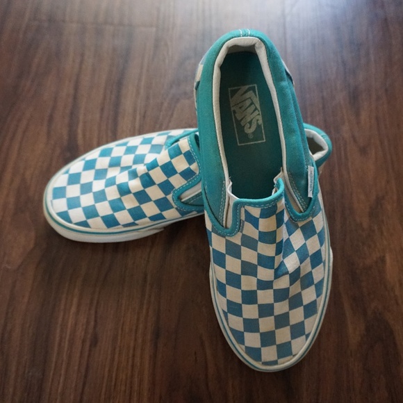 teal checkerboard slip on vans